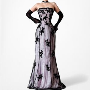 Vintage Purple Black Strapless Floral Velvet Mesh Beaded Maxi Prom Dress Size M